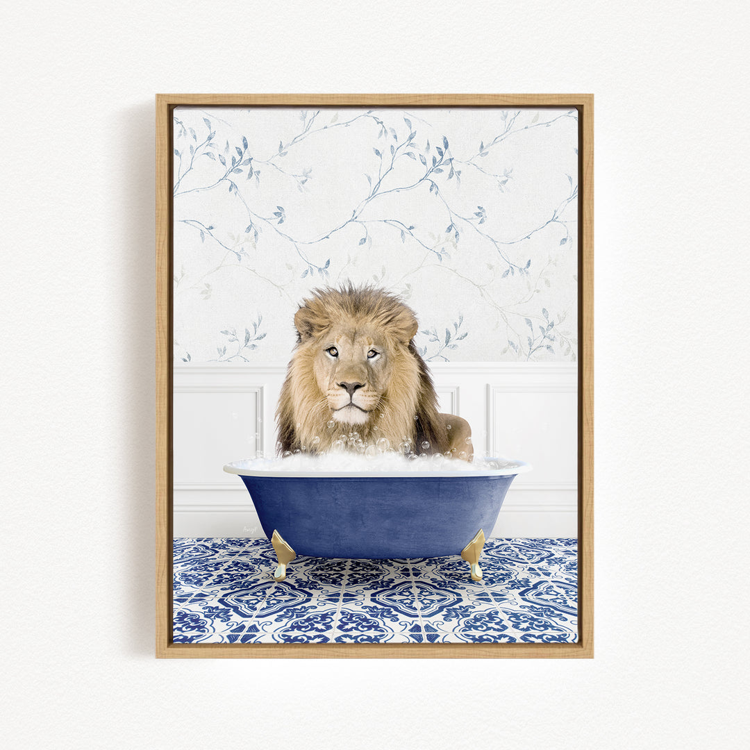 A lion sitting in a blue bathtub filled with bubbles, surrounded by a blue and white patterned rug.