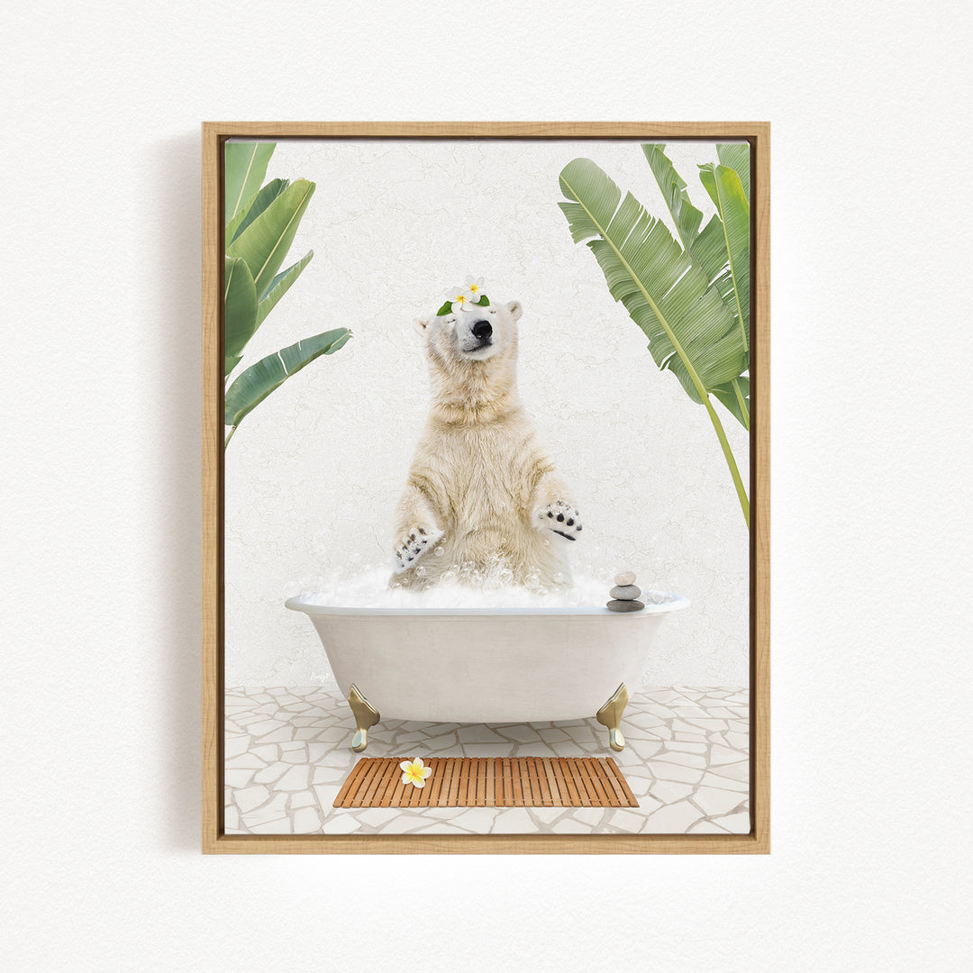 A polar bear is sitting in a bathtub filled with water, surrounded by tropical plants and flowers, creating a whimsical and playful scene.