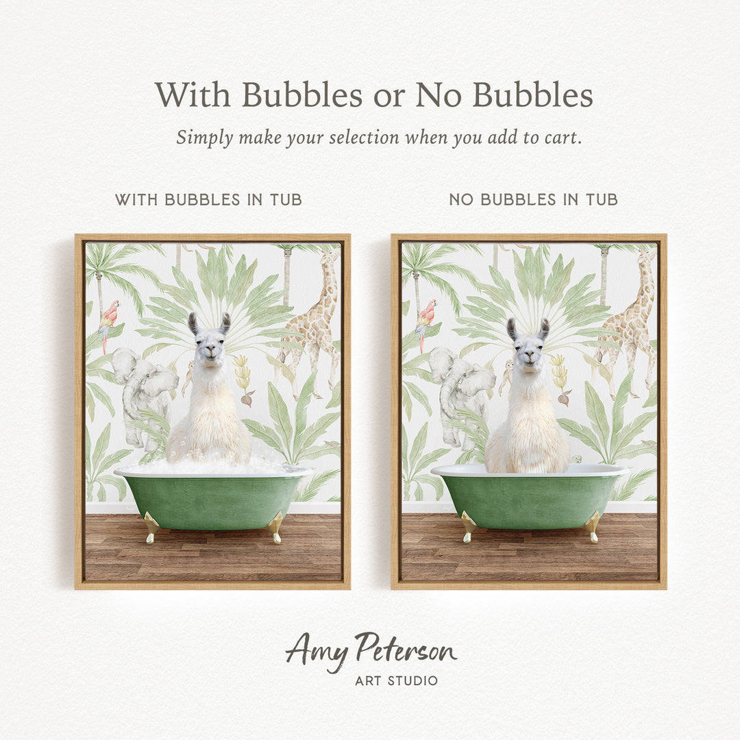 The image is a collage of two framed pictures, each featuring a white llama sitting in a green bathtub. The text above the images reads "With Bubbles or No Bubbles" and below the images, it says "Simply make your selection when you add to cart."