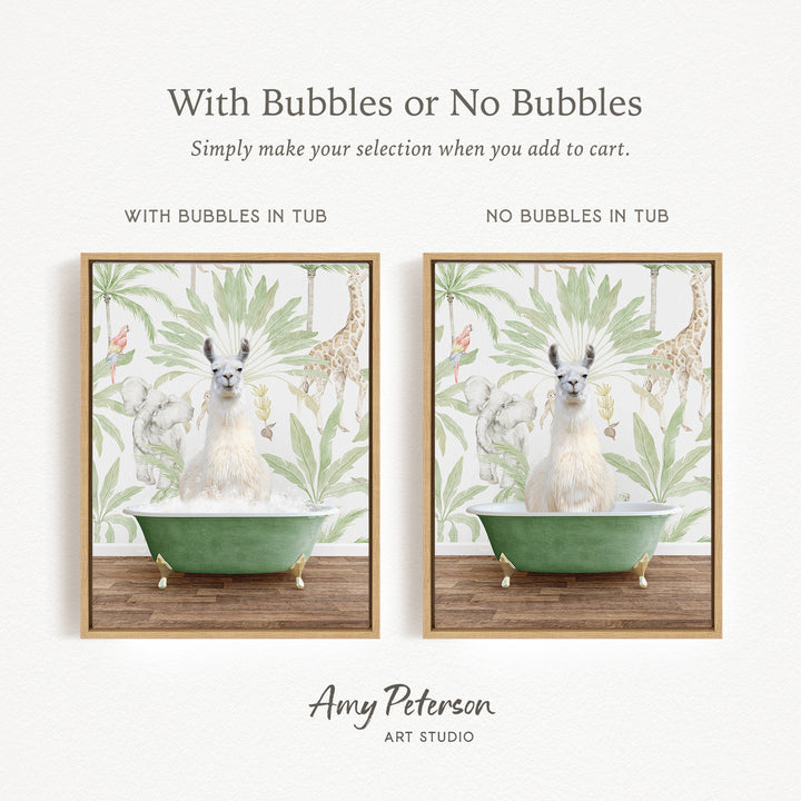 The image is a collage of two framed pictures, each featuring a white llama sitting in a green bathtub. The text above the images reads "With Bubbles or No Bubbles" and below the images, it says "Simply make your selection when you add to cart."