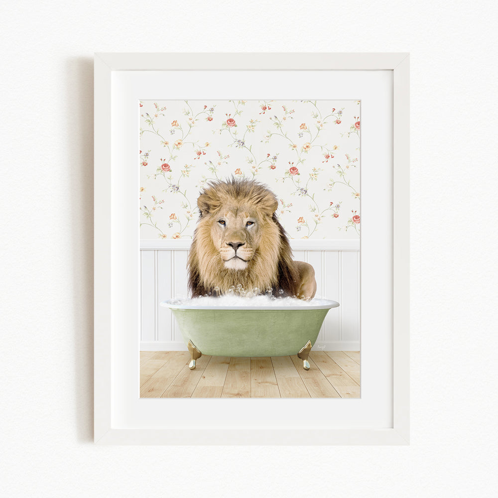 A lion sitting in a green bathtub, surrounded by a floral wallpaper.
