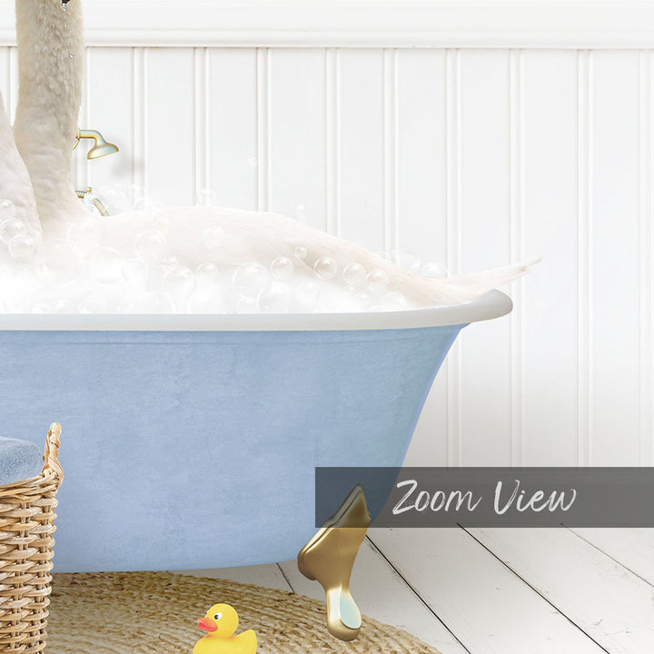 A blue bathtub filled with bubbles, with a yellow rubber duck and a basket of toys nearby.