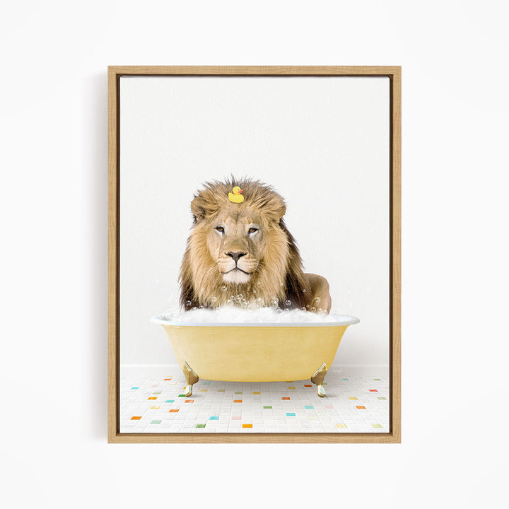 A lion is sitting in a yellow bathtub filled with water, with a rubber duck floating on its head.