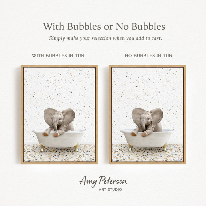 The image is a collage of two pictures, each featuring a small elephant sitting in a bathtub. The elephant in the bathtub has bubbles, while the elephant in the other picture does not have bubbles. The text above the images reads "With Bubbles or No Bubbles Simply make your selection when you add to cart."