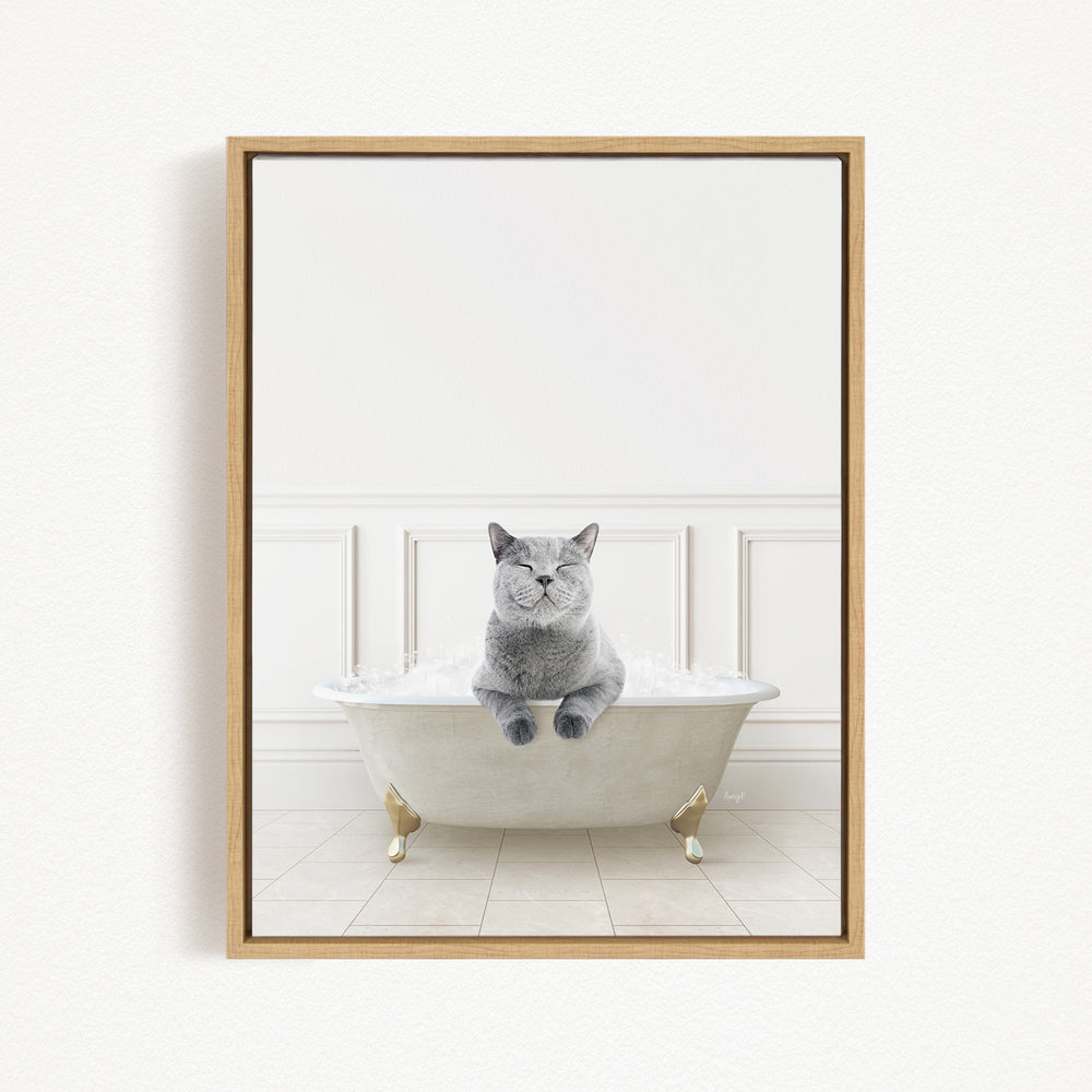 A gray cat sitting in a white bathtub filled with bubbles, with a white wall and a wooden frame as the background.
