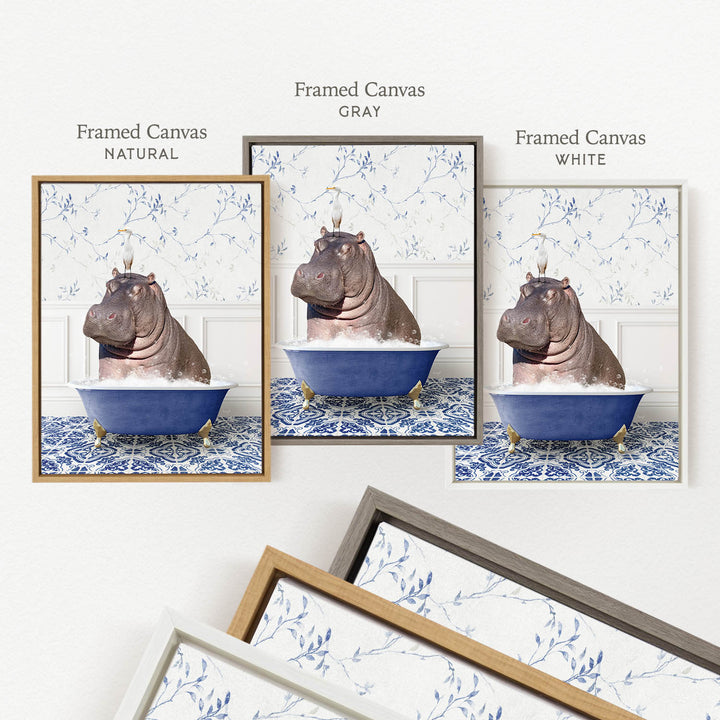 a framed canvas with a hippopotamus sitting in a blue bathtub, surrounded by a patterned background.