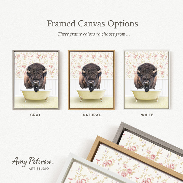 The image is a framed canvas option showcasing three different frame colors: gray, natural, and white. The canvas features a bison in a bathtub, and the frame colors are gray, natural, and white.