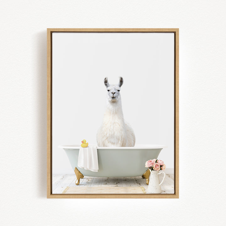 A white llama sitting in a bathtub, surrounded by a yellow rubber duck, a white towel, and a vase of pink flowers.