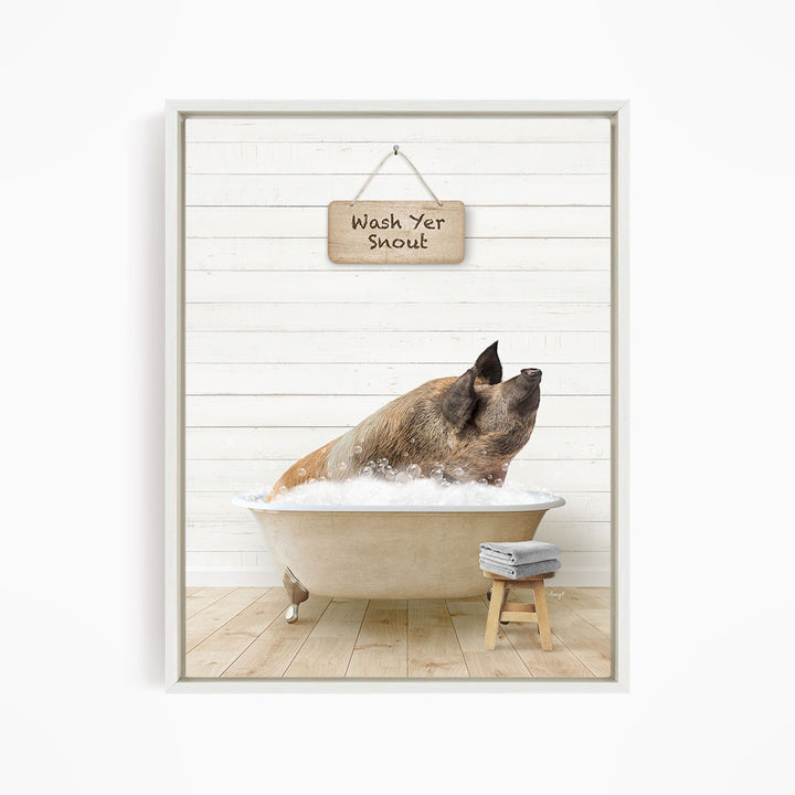 A brown dog is sitting in a bathtub filled with water, with a sign above it that says "Wash Yer Snout".