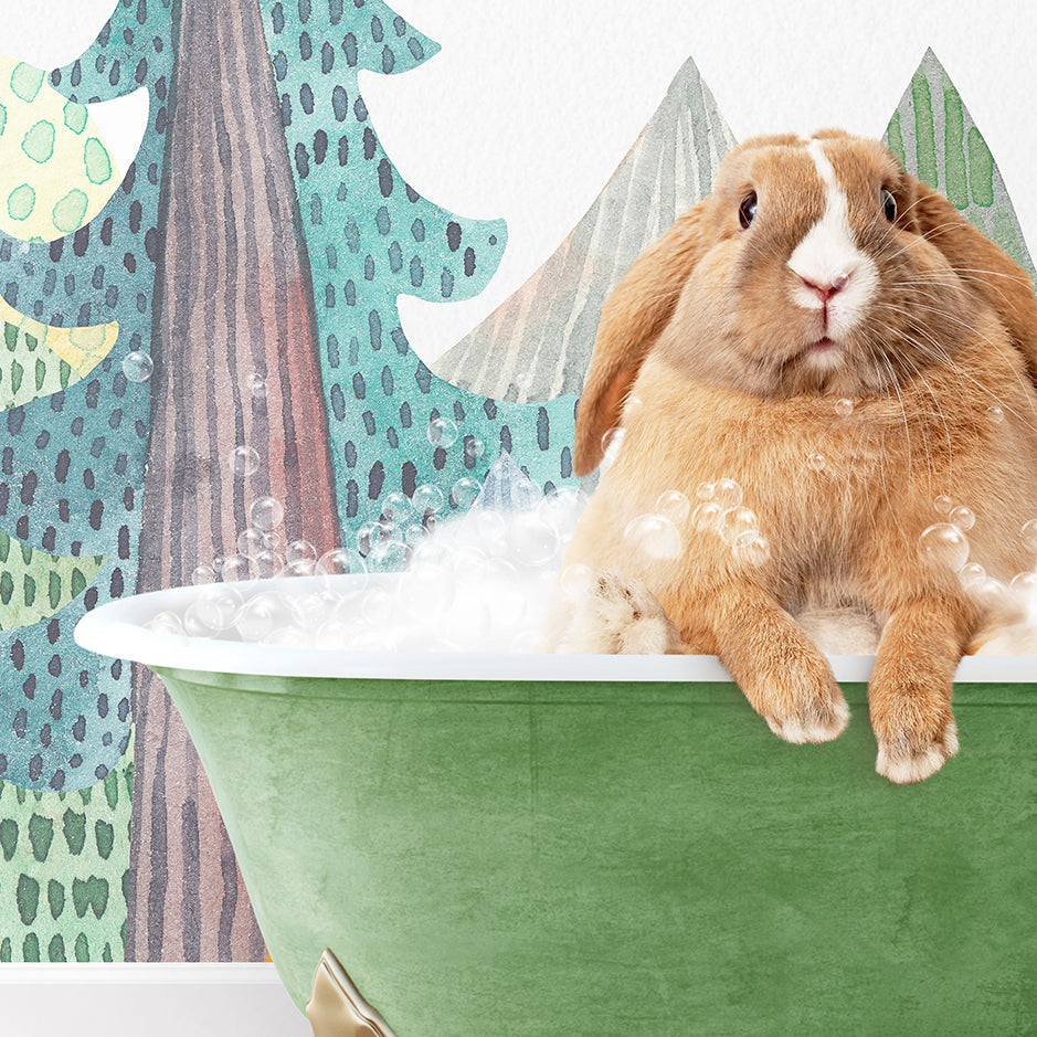 a brown and white rabbit sitting in a bathtub