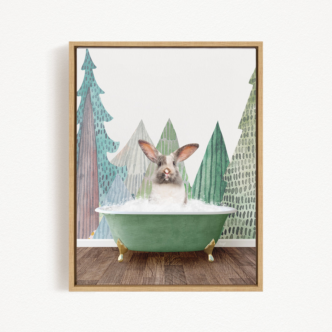A rabbit sitting in a green bathtub, surrounded by a forest scene with trees and snow.