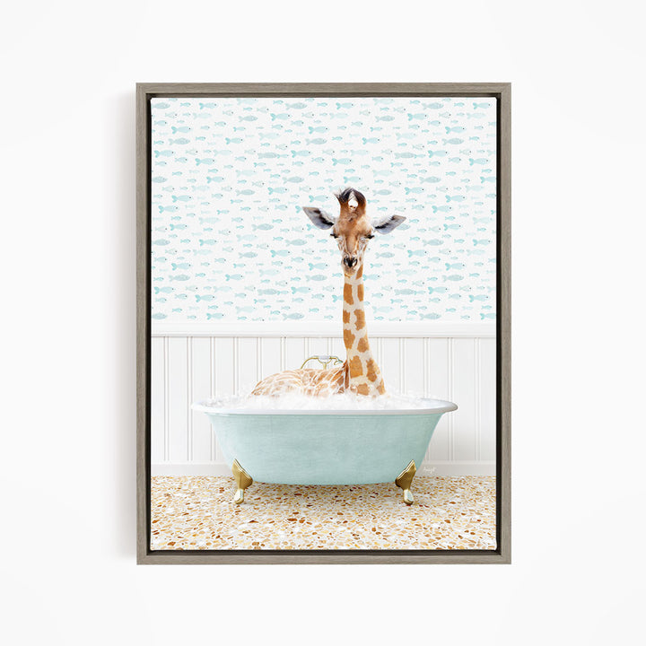 A giraffe is sitting in a light blue bathtub filled with water, surrounded by a pattern of small fish.