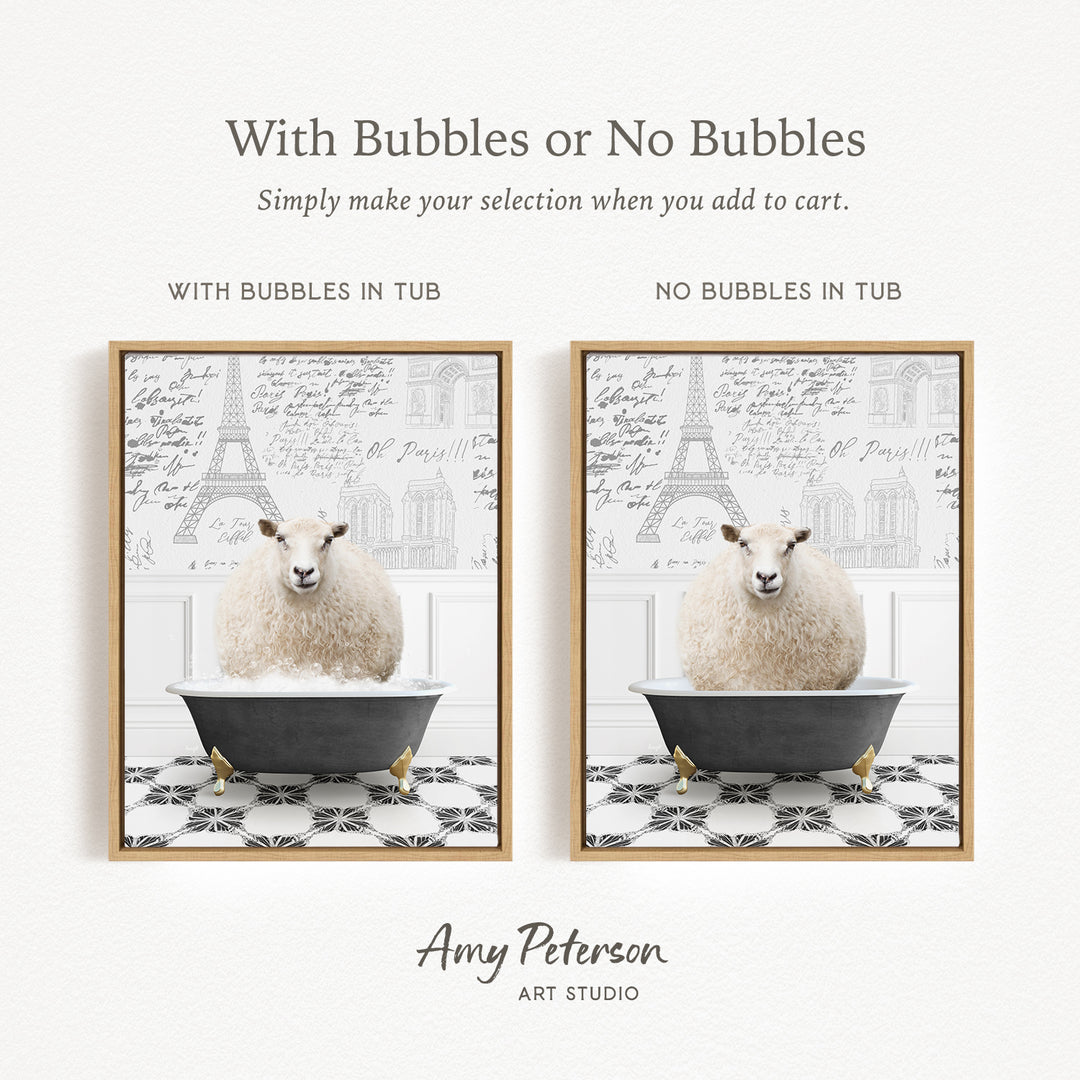 The image is a collage of two framed pictures, each featuring a sheep sitting in a bathtub. The text above the images reads "With Bubbles or No Bubbles" and below the images, it says "Simply make your selection when you add to cart."