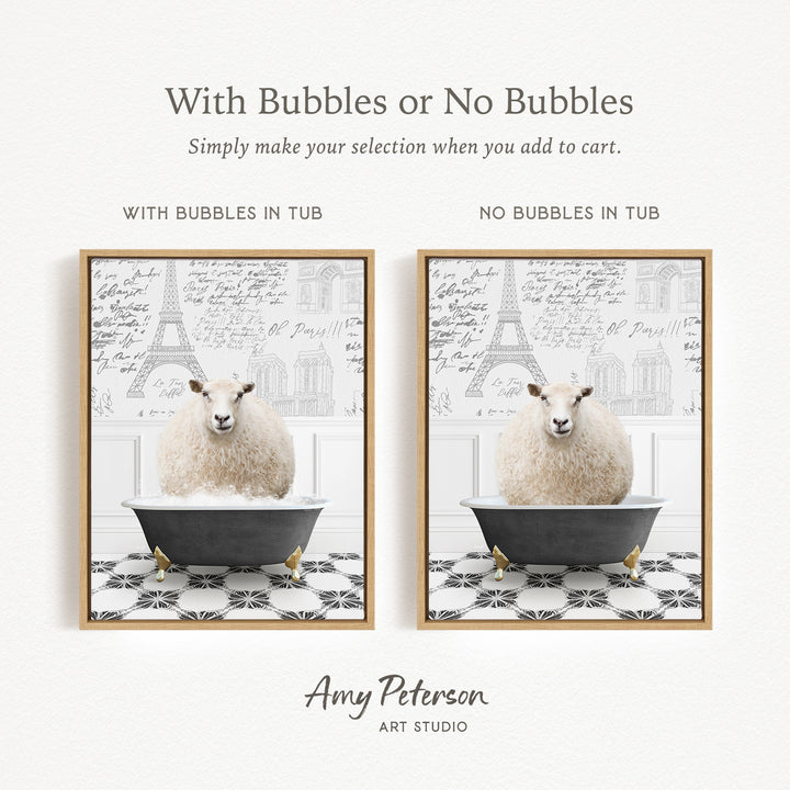 The image is a collage of two framed pictures, each featuring a sheep sitting in a bathtub. The text above the images reads "With Bubbles or No Bubbles" and below the images, it says "Simply make your selection when you add to cart."