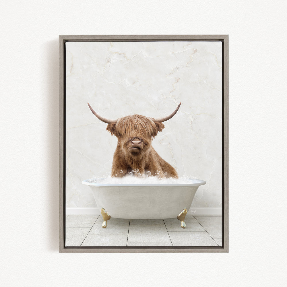 A Highland cow with long horns is sitting in a white bathtub filled with water, creating a whimsical and humorous scene.