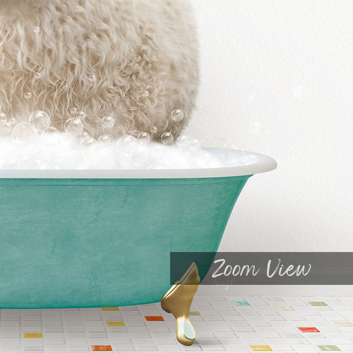 A fluffy white dog is sitting in a teal bathtub filled with bubbles, with a gold bathtub stopper visible.