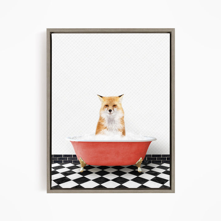 A red bathtub filled with water, with a fox sitting inside and looking at the camera.