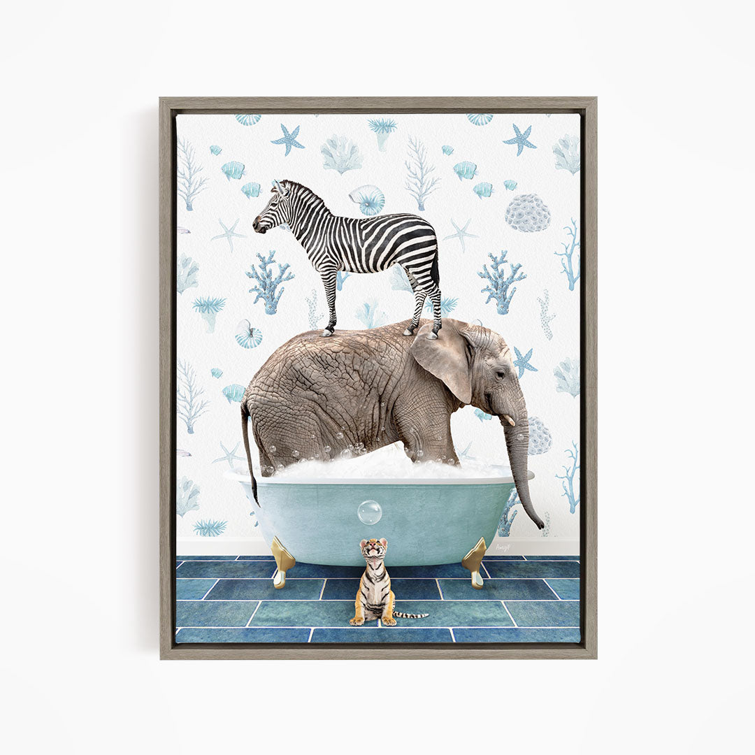 A zebra stands on the back of an elephant, which is submerged in a bathtub, while a tiger sits nearby.