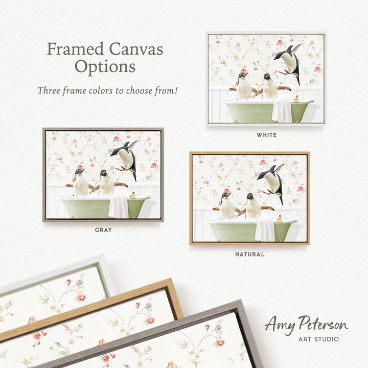 The image is a framed canvas with three different frame colors to choose from: white, gray, and natural. The canvas features a whimsical scene of penguins bathing in a green tub, with a floral pattern on the wall behind them.