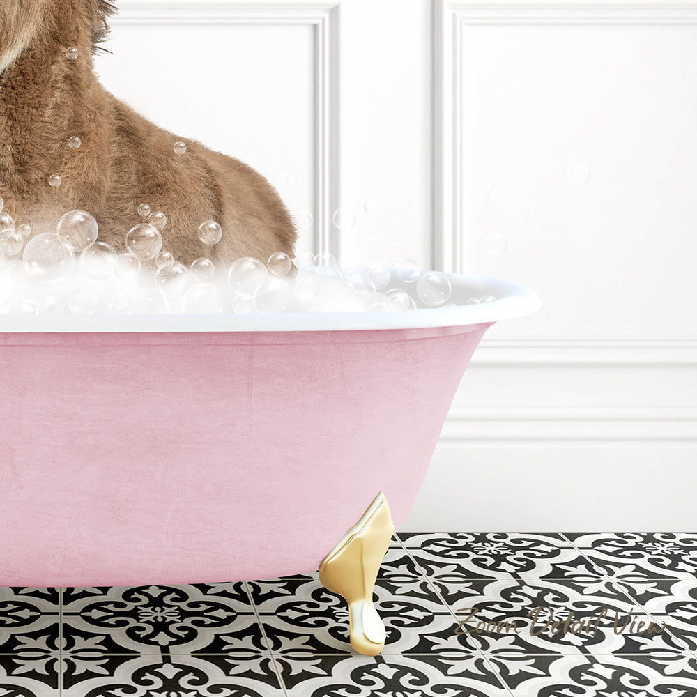 A pink bathtub filled with bubbles, with a dog standing inside and enjoying the bath.