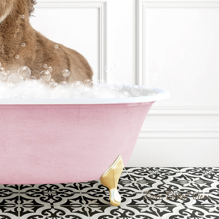 A pink bathtub filled with bubbles, with a dog standing inside and enjoying the bath.