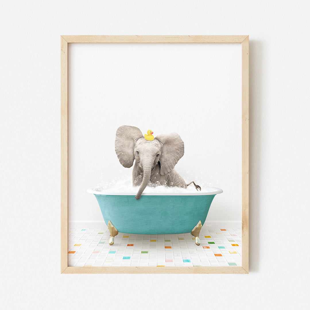 an elephant taking a bath in a blue bathtub