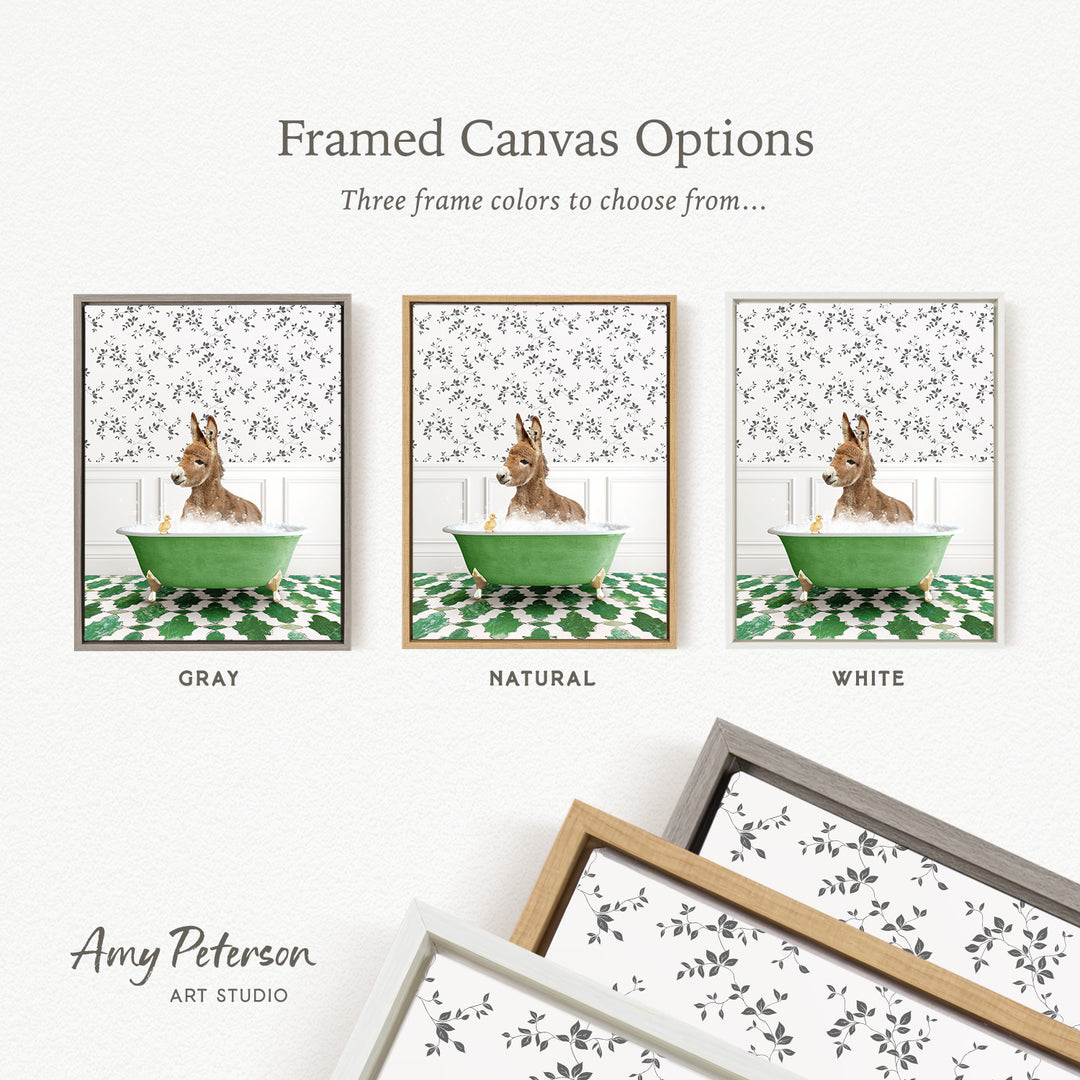 The image is a framed canvas option showcasing three different framed canvas options for a picture of a dog sitting in a bathtub.
