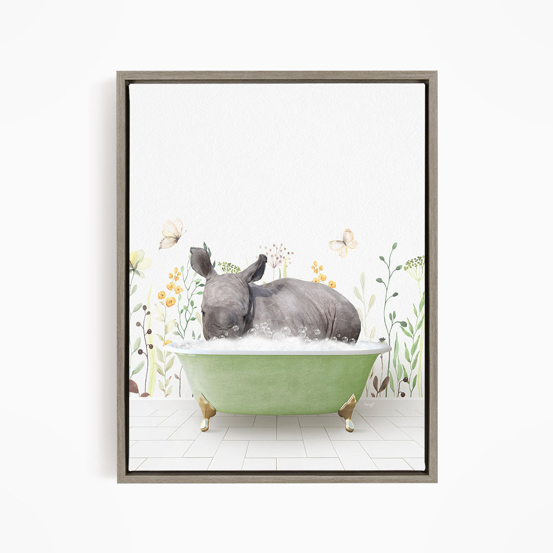 A rhinoceros is lying in a green bathtub filled with water, surrounded by flowers and butterflies.