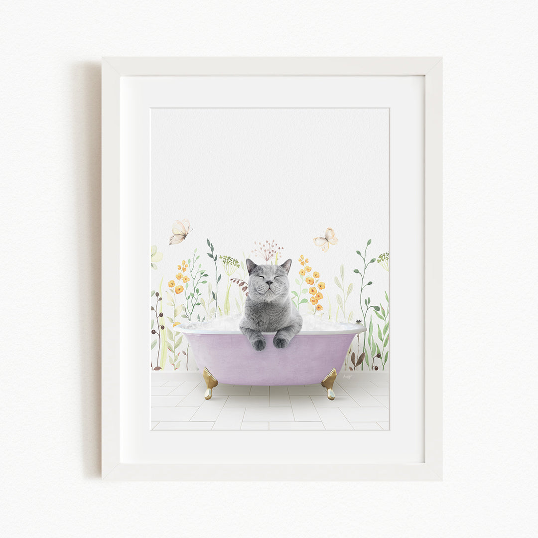 A gray cat sitting in a purple bathtub, surrounded by flowers and butterflies, creating a whimsical and serene scene.