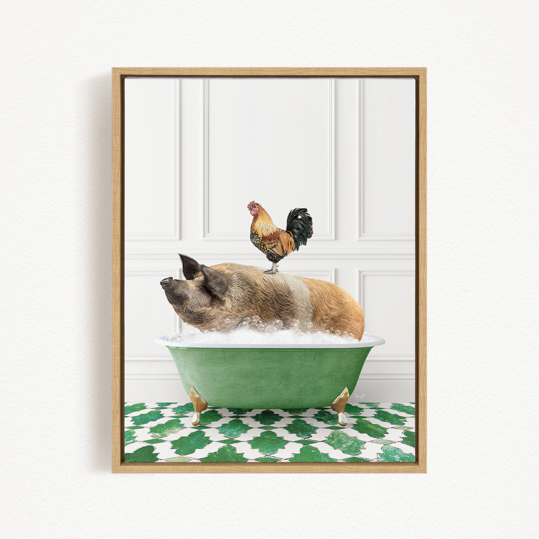 A rooster sits atop a pig in a green bathtub, surrounded by a green and white patterned floor.