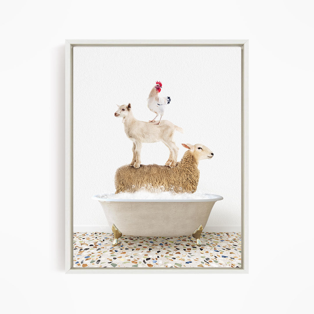 A white sheep is standing on top of a brown sheep in a bathtub, with a rooster perched on the sheep's back.