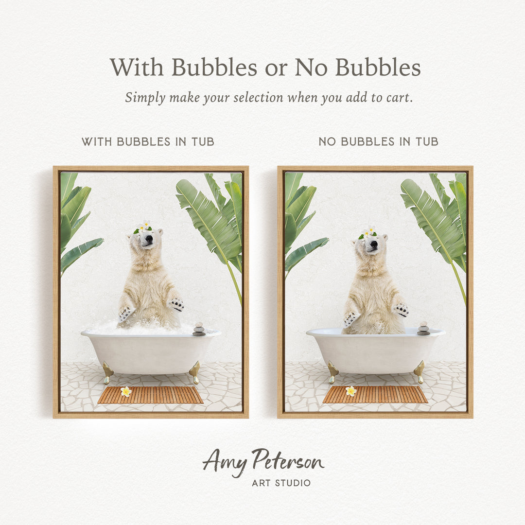 The image is a collage of two pictures featuring a polar bear sitting in a bathtub. The polar bear is surrounded by tropical plants, creating a whimsical and playful scene.
