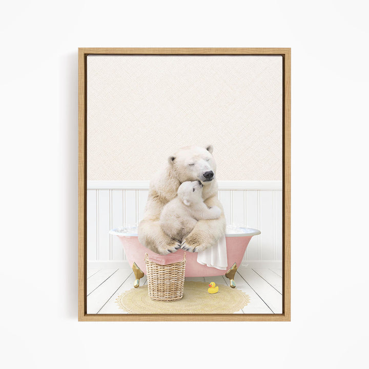 A polar bear is sitting in a pink bathtub, surrounded by a basket of toys and a yellow rubber duck.