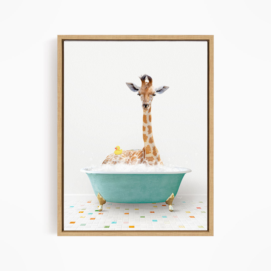 A giraffe is sitting in a blue bathtub filled with bubbles, surrounded by a colorful tiled floor.