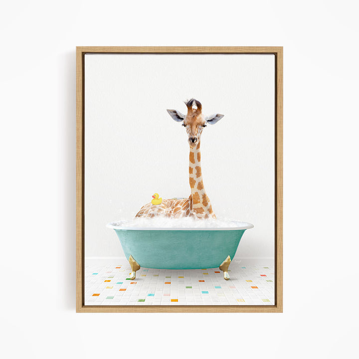 A giraffe is sitting in a blue bathtub filled with bubbles, surrounded by a colorful tiled floor.