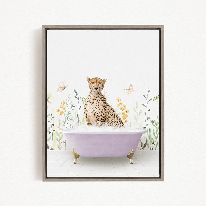 A cheetah sitting in a pink bathtub filled with water, surrounded by flowers and butterflies.