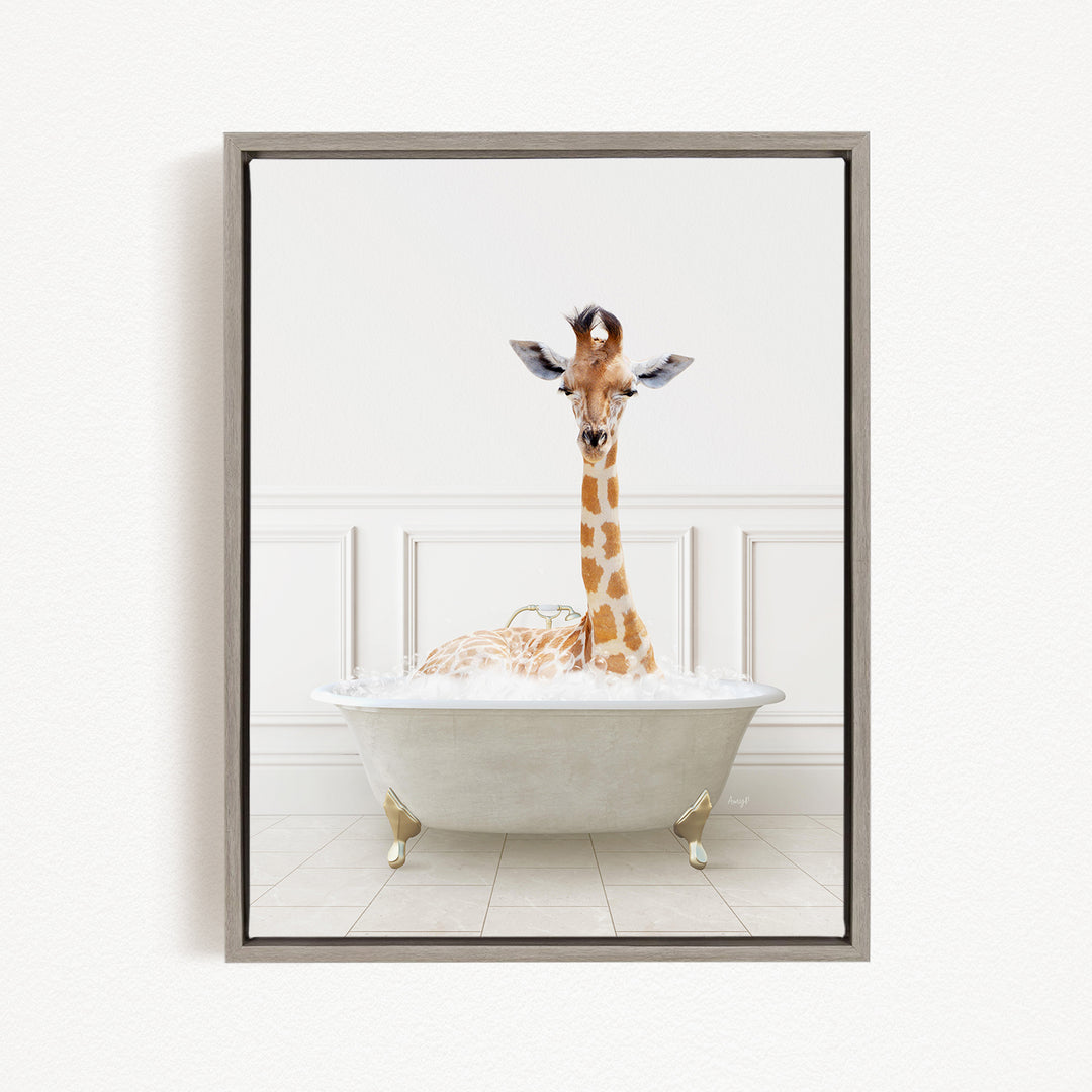 A giraffe is sitting in a white bathtub filled with water, creating a whimsical and playful scene.