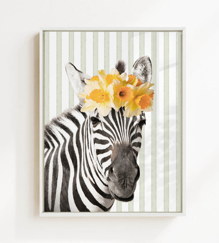 A zebra wearing a yellow flower crown on its head, with a striped background.