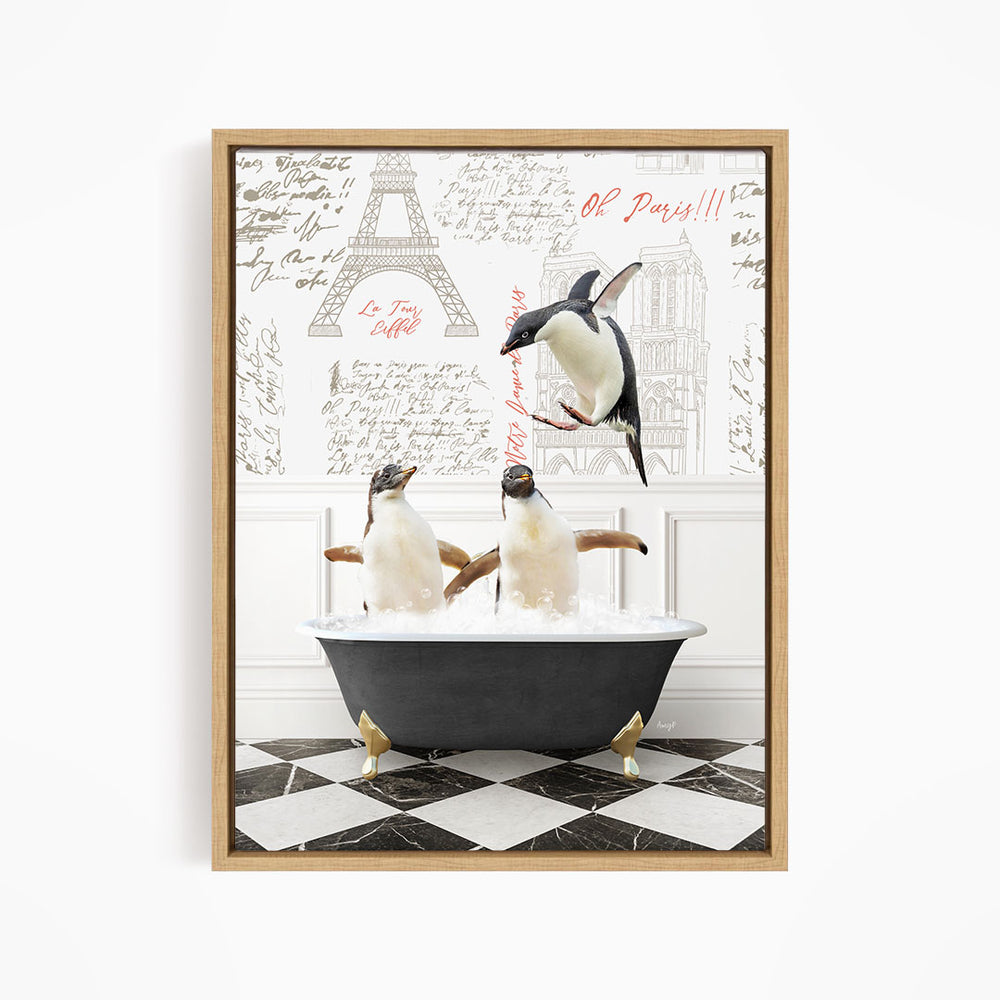 A framed image depicting three penguins sitting in a bathtub, with one penguin flying above the tub.