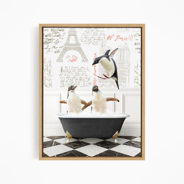 A framed image depicting three penguins sitting in a bathtub, with one penguin flying above the tub.