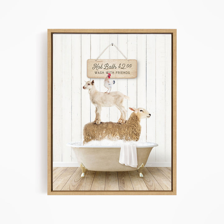 A framed image depicting a goat standing on top of a sheep in a bathtub, with a sign above that reads "Hot Bath $2.00 WASH WITH FRIENDS".