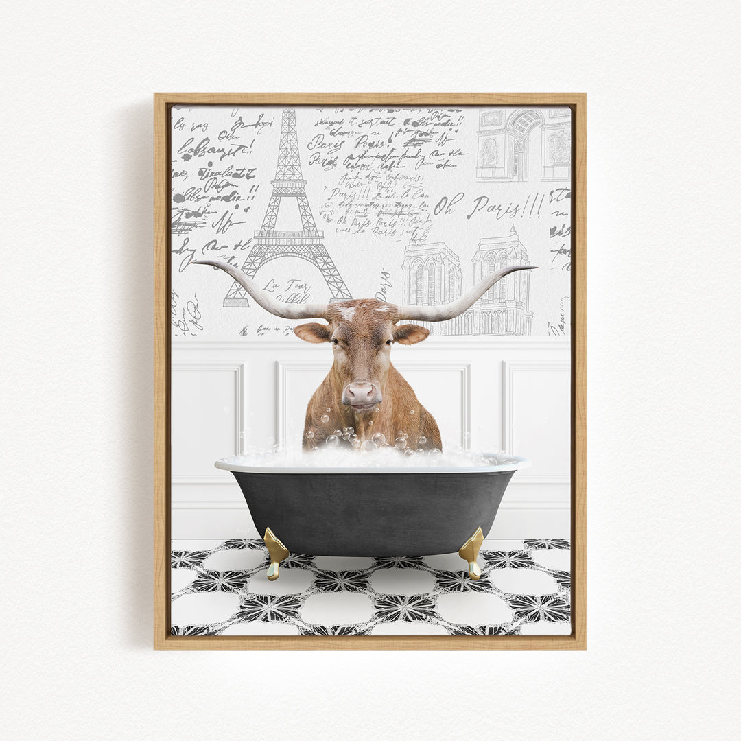 A bull with large horns is sitting in a bathtub filled with water, surrounded by a black and white checkered floor and a wall with various inscriptions and drawings.
