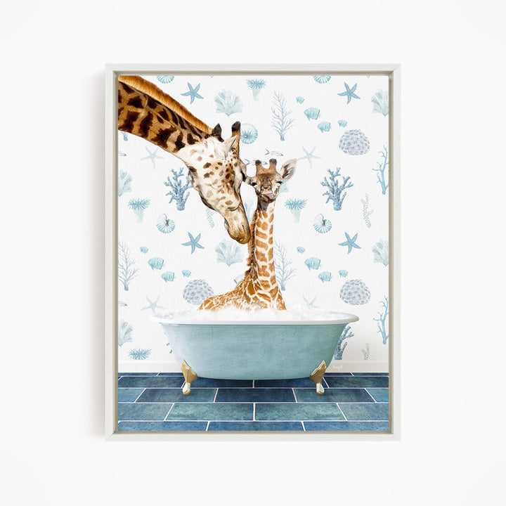 A giraffe and a baby giraffe are sitting in a blue bathtub, surrounded by a pattern of blue flowers and starfish.