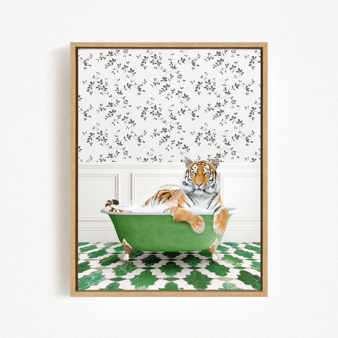 A tiger is sitting in a green bathtub, surrounded by a patterned wall and a green and white tiled floor.