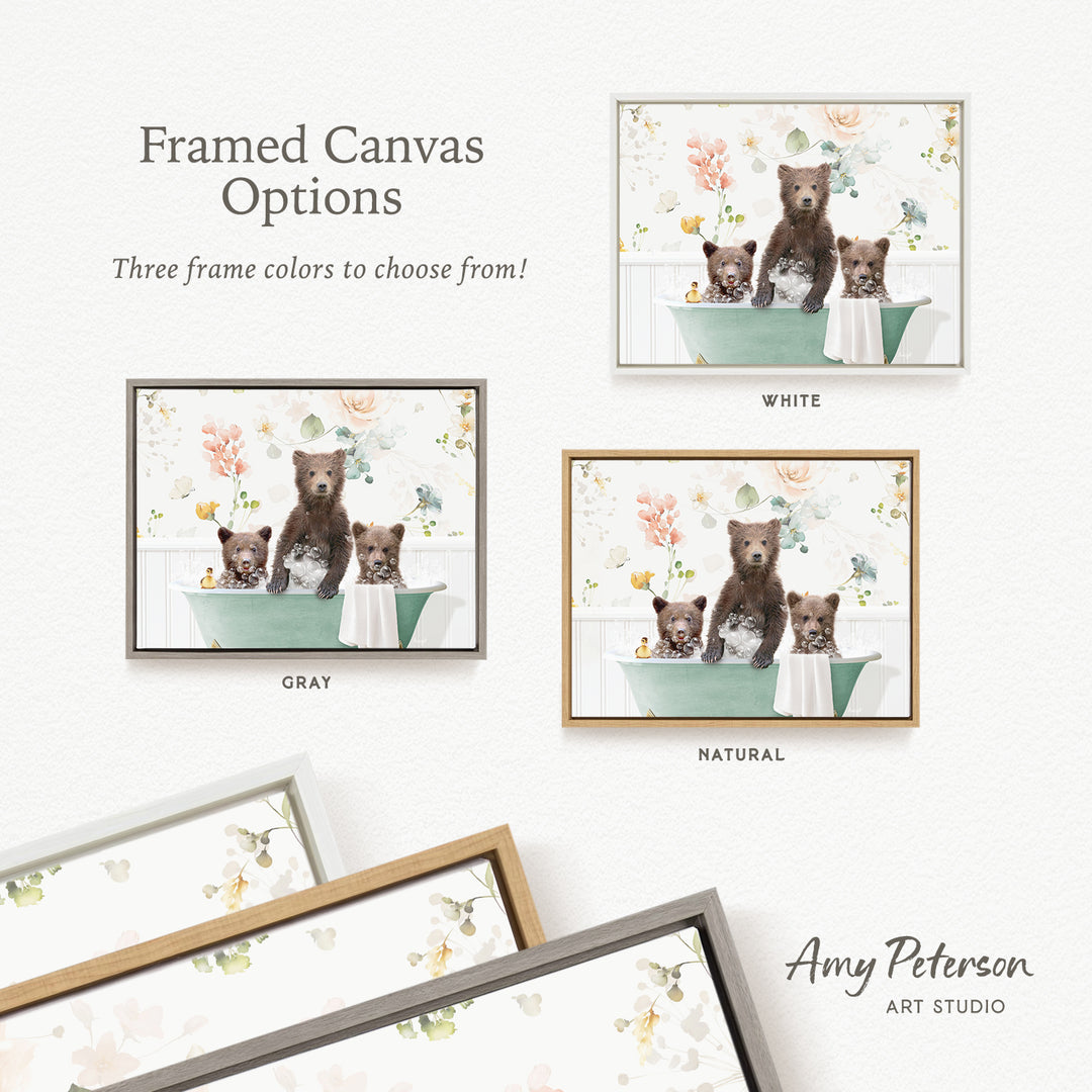 The image is a framed canvas with three different color options for a painting of bears in a bathtub. The options include white, gray, and natural.