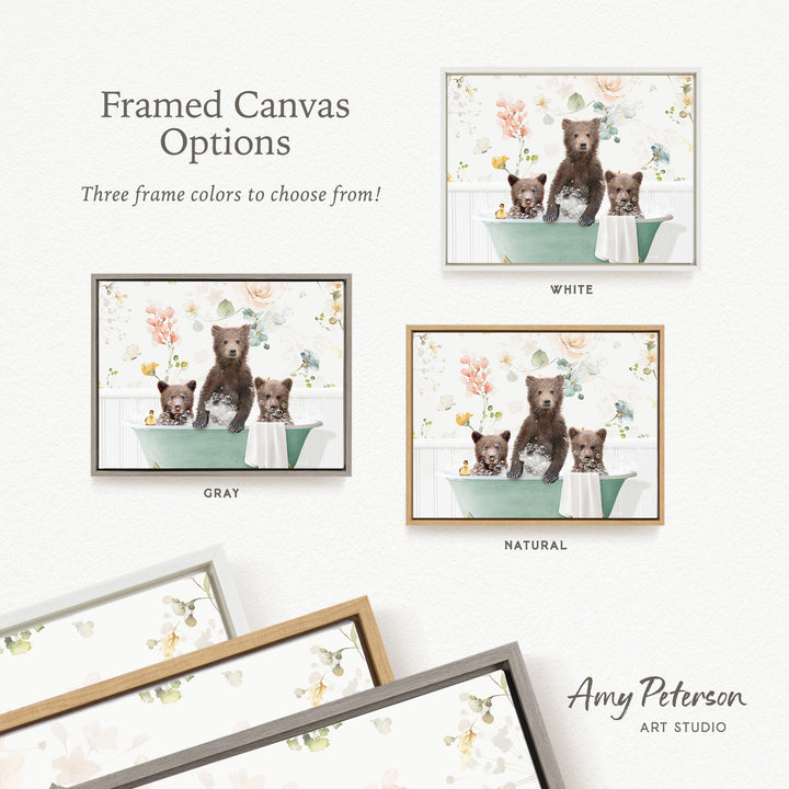 The image is a framed canvas with three different color options for a painting of bears in a bathtub. The options include white, gray, and natural.