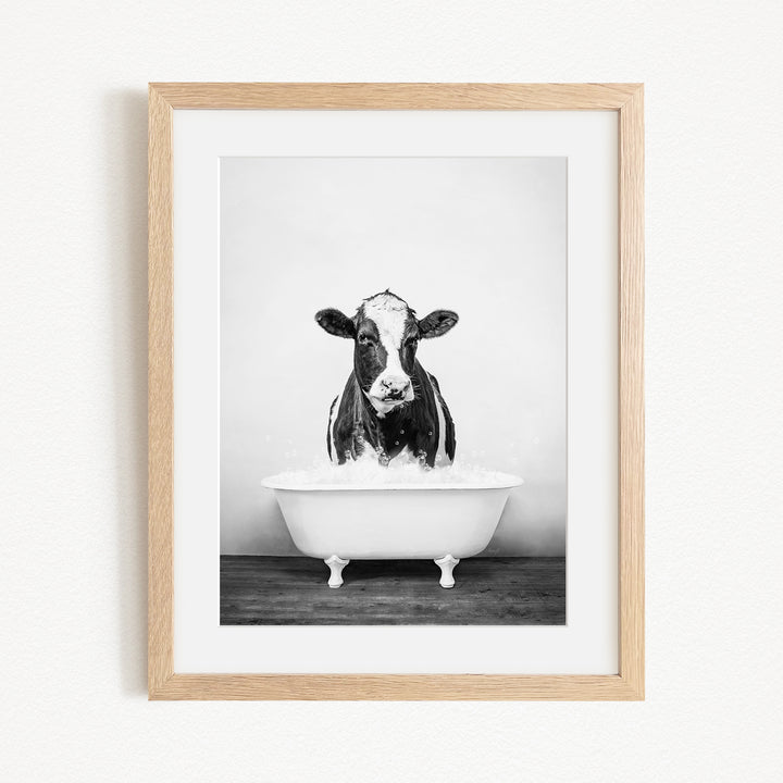 A black and white photograph of a cow standing in a bathtub filled with water.
