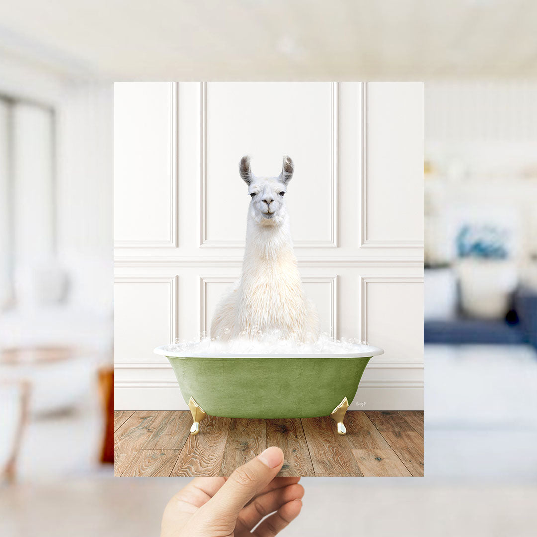 A white llama sitting in a green bathtub filled with bubbles, with a blurred background suggesting a bathroom setting.