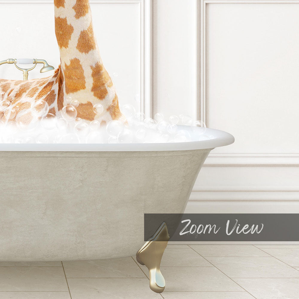 A giraffe standing in a bathtub filled with bubbles, as depicted in a close-up view.