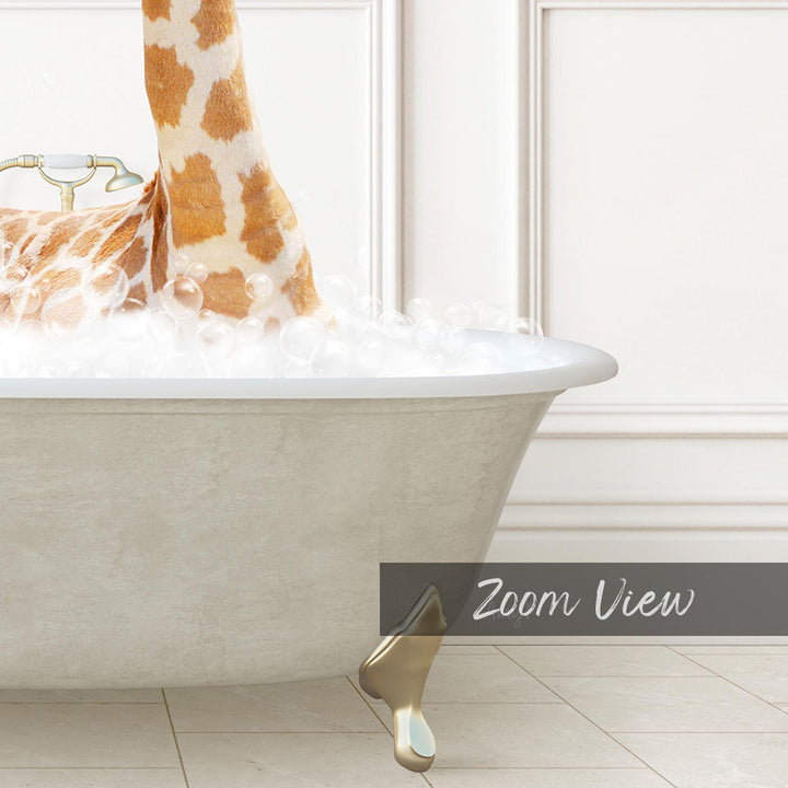 A giraffe standing in a bathtub filled with bubbles, as depicted in a close-up view.